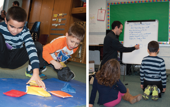 Columbia Elementary teacher Jason Kain correlates math with movement during an intervention session with second graders. (Photography by Lynn Norusis)