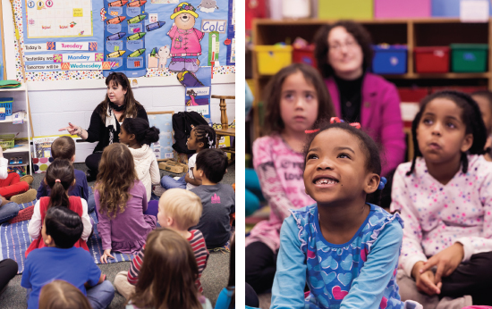 Mary Beth Quick leads the kindergarten and first grade classes in mindfulness at Pinecrest School (Photography by Erick Gibson)