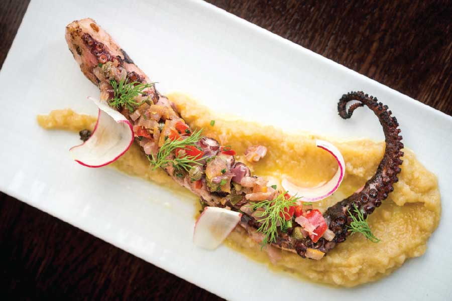 One long octopus tentacle over skordalia, aka greek mashed potatoes, at Kapnos taverna (Photo by Rey Lopez)